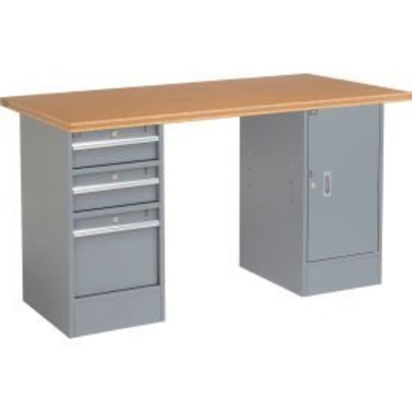 Global Equipment 96 x 30 Pedestal Workbench - 3 Drawers   Cabinet, Shop Top Square Edge Gray 318863